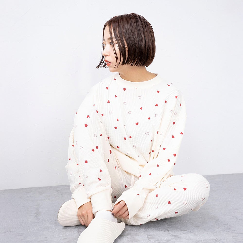 ハート柄 ワッフルルームウェア 長袖上下セット | Fruit of the Loom